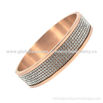 Stainless Steel Bracelets with Rows of Crystal Stones and Plating IP Rose Gold
